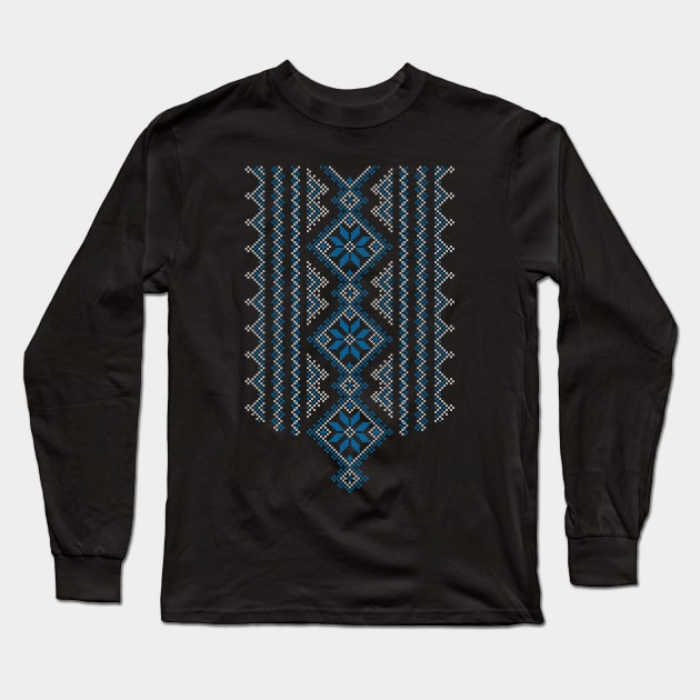 Palestinian Jordanian Realistic Embroidery Pattern #15 - Palestine Traditional Tatreez Cross Stitching Art Blue-White Long Sleeve T-Shirt by QualiTshirt